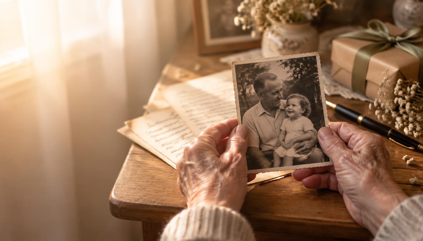 Older hands holding a treasured family photograph beside handwritten letters